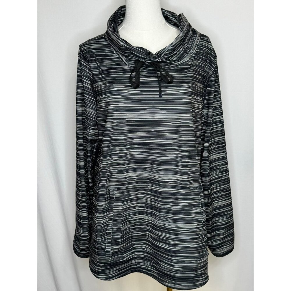 T By Talbots XL Womens Black White Striped Pullover Drawstring Cowl Neck  UPF 50